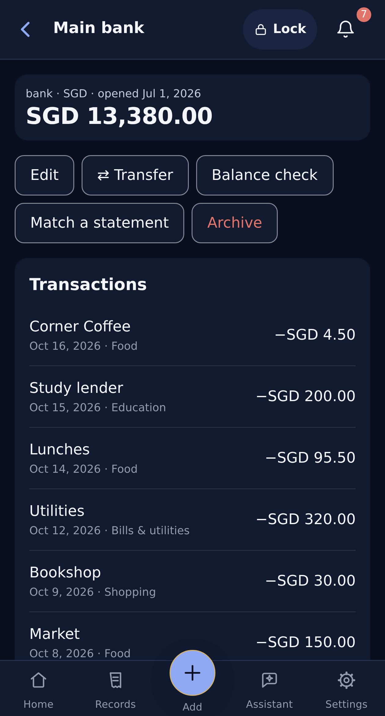 Main bank balance and payments