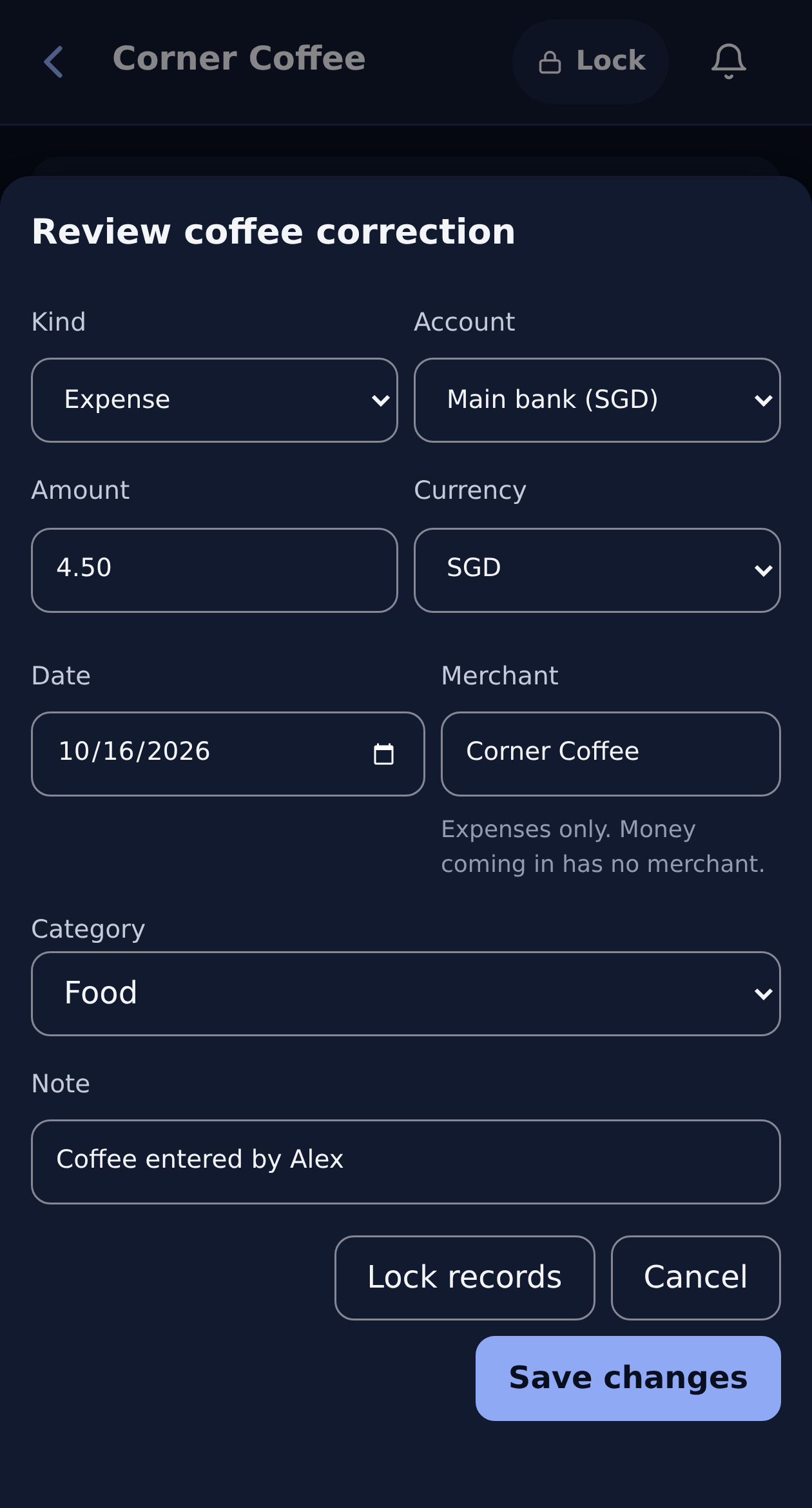 Native correction form filled with SGD 4.50 before Save changes