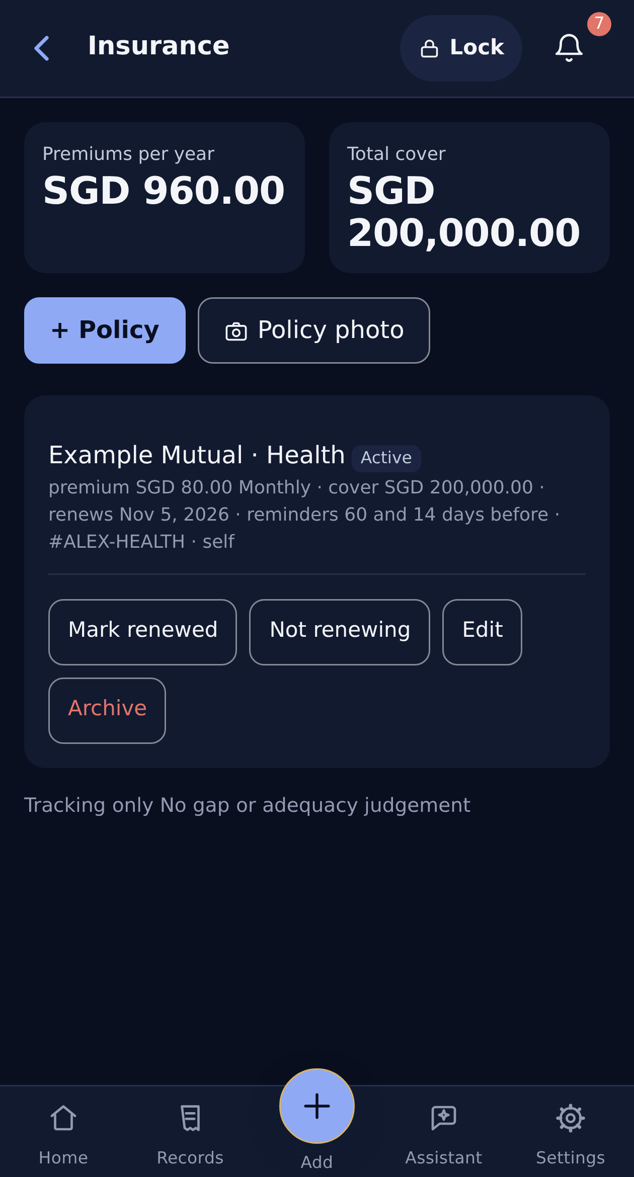 Alex’s health policy, premium and renewal date