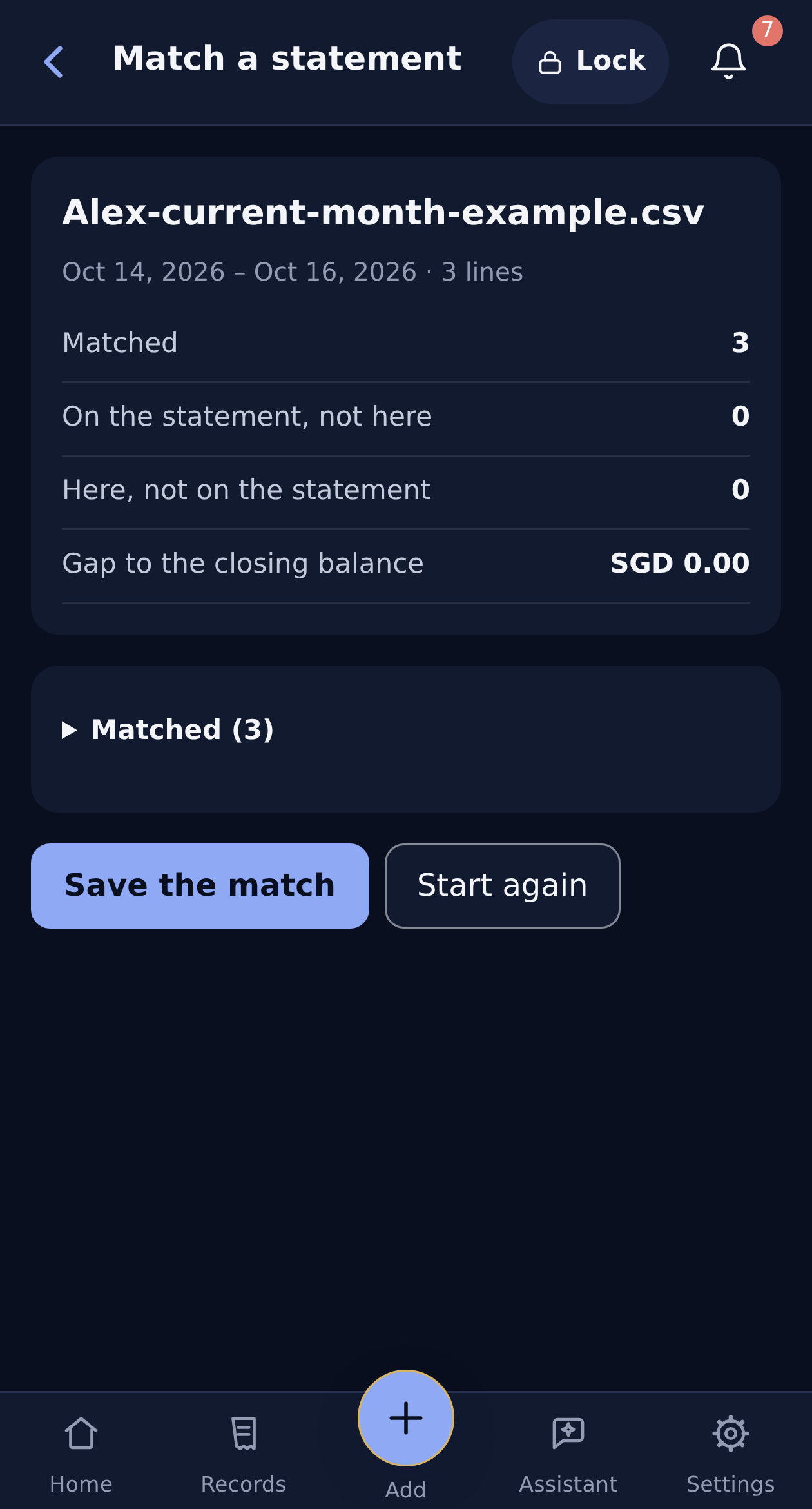Statement rows compared with Alex’s saved records