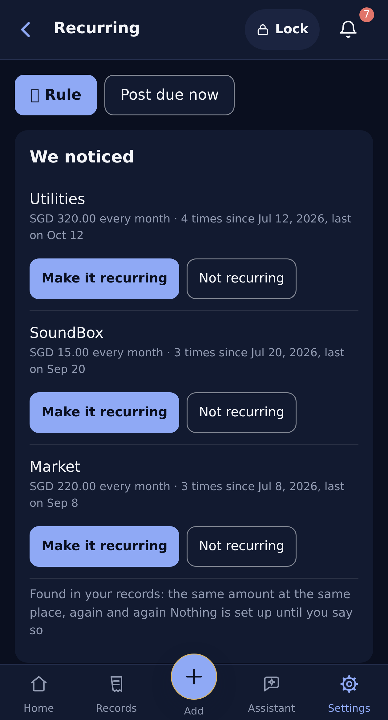 Detected regular expenses with Make it recurring and Not recurring choices