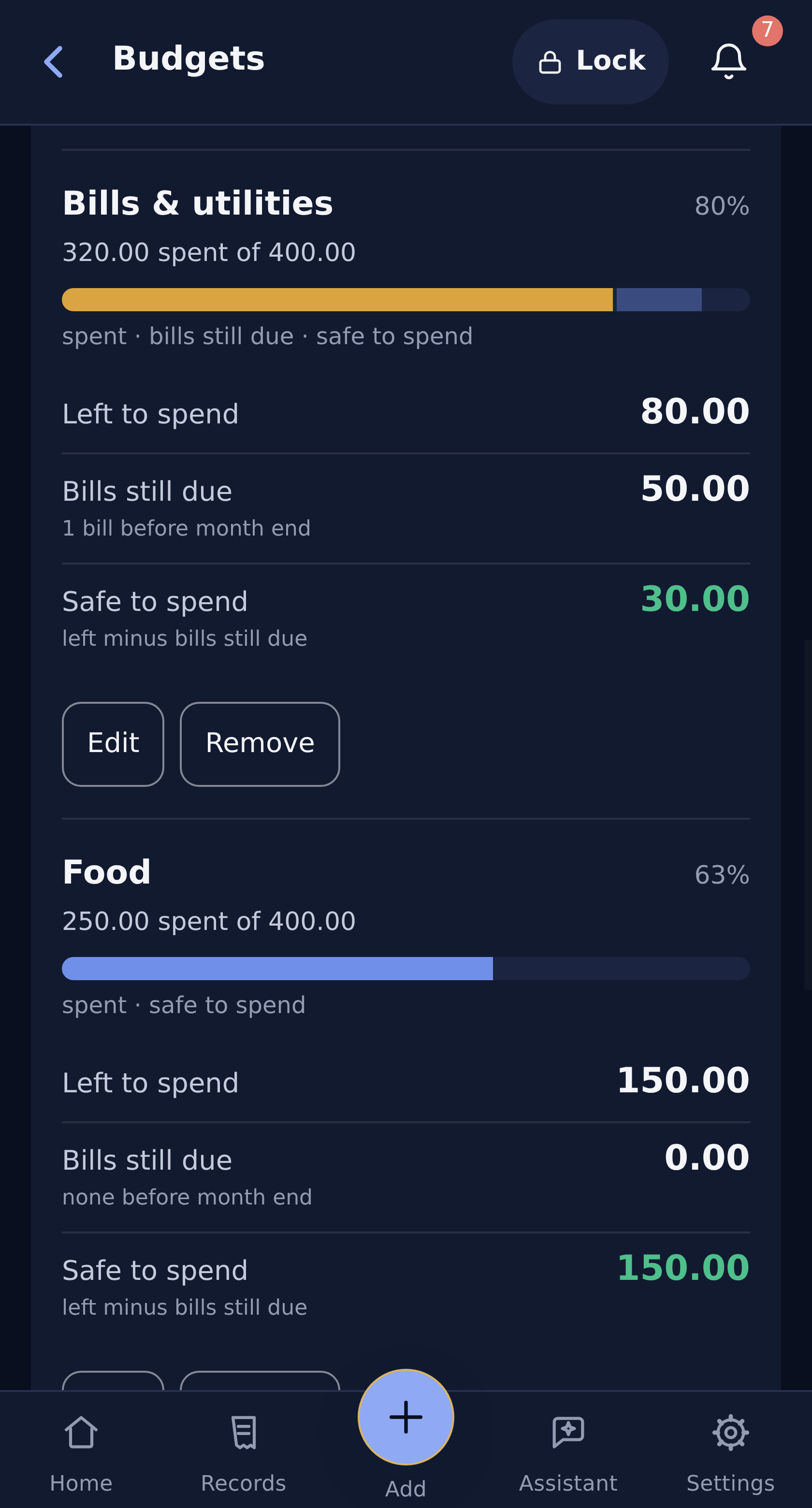 Bills category: SGD 400 budget, 320 spent, 80 left, 50 due and 30 safe to spend